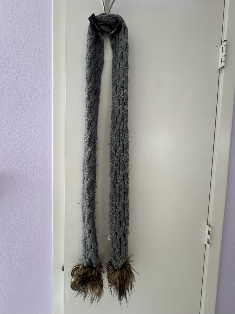 Vintage Abercrombie Gray Knit Scarf with Faux Fur Pom Trim